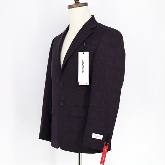 Calvin Klein Men's Navy/Burgundy Plaid Wool Morgan Slim-Fit Suit Blazer Size 36S - Picture 2 of 6